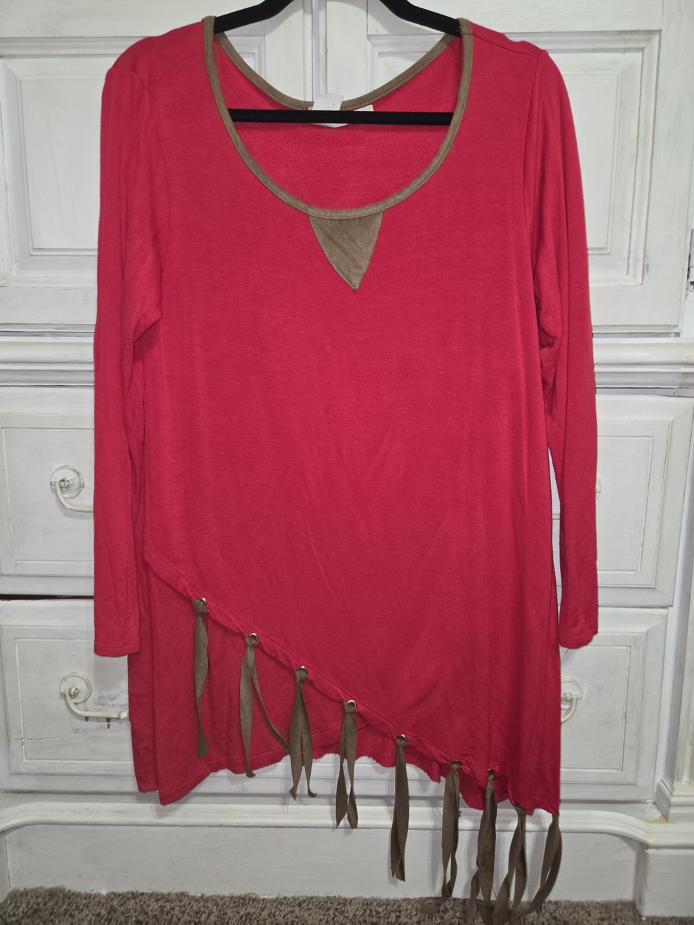 Lily Red Long-Sleeve Tunic with Fringe Trim